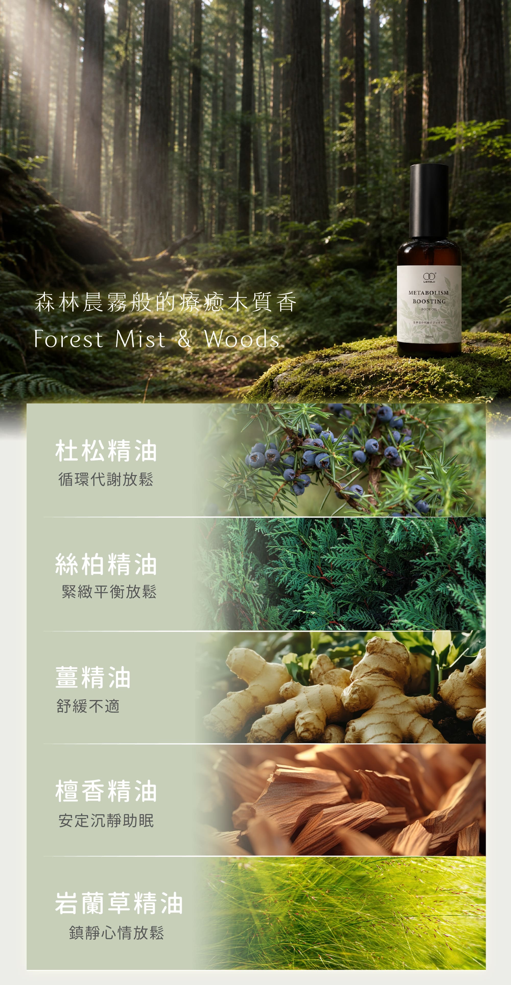 樂木集杜松生薑全效代謝按摩油 森林木質香調:杜松、絲柏、薑、檀香、岩蘭草精油
