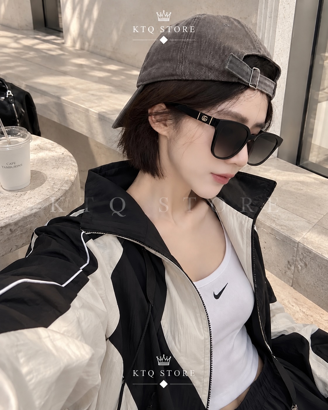 KTQ STORE ‧GUCCI 古馳 雙 G 系列 一體式鼻托 板材鏡框 不規則形太陽眼鏡 男女同款／情侶款 黑色GG1122SA