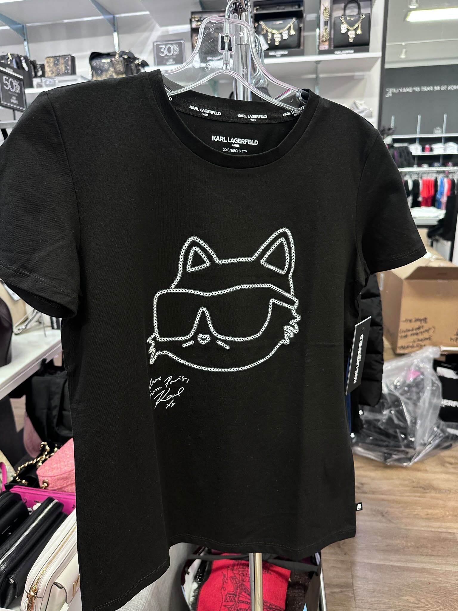 WX61 KL 白色貓貓圖案 黑色短袖衫 Choupette Chain Link Tee