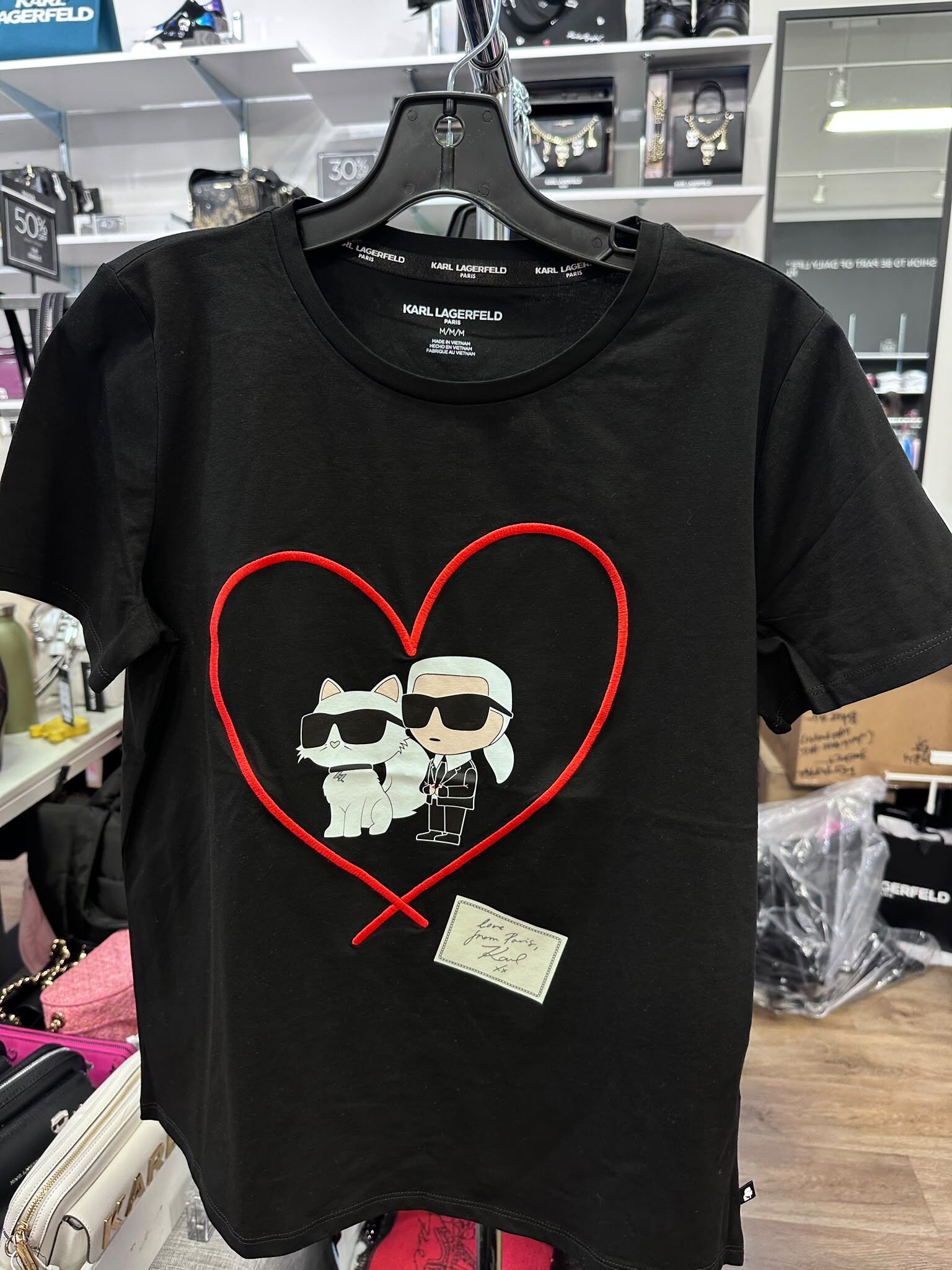 WX67 KL 紅色心心老佛爺貓貓圖案 黑色短袖衫 Karl And Choupette Heart Tee