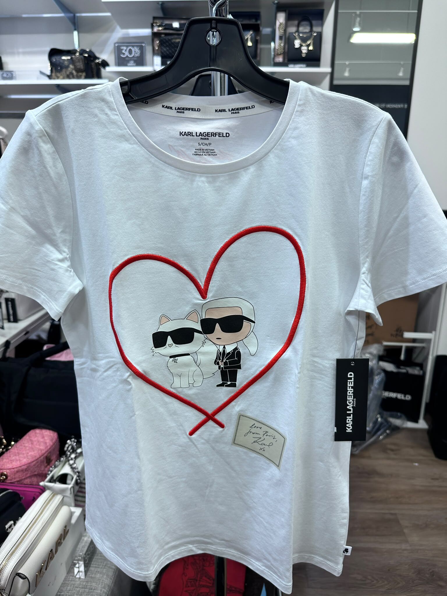 WX68 KL 紅色心心老佛爺貓貓圖案 白色短袖衫 Karl And Choupette Heart Tee