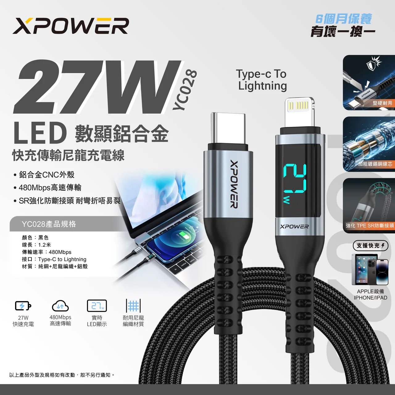 #615981 XPower YC028 1.2M LED顯示 PD27W鋁合金高速傳輸尼龍充電線 C T0 L 線 yc028-120-gy