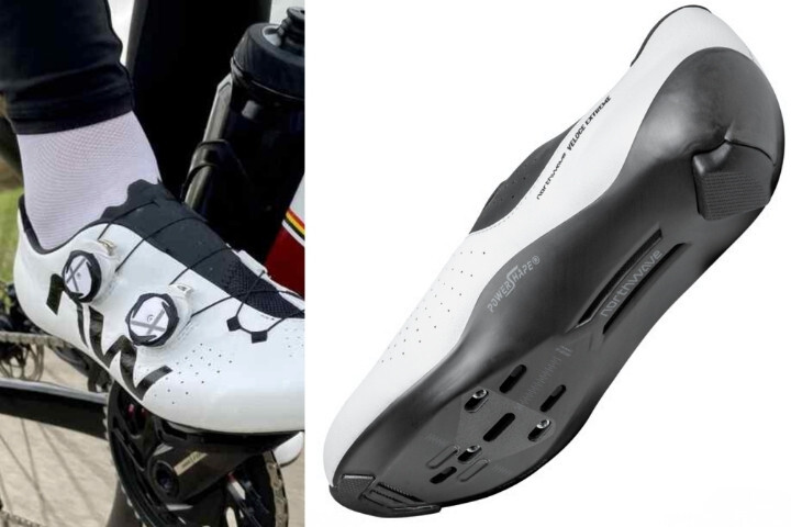 Northwave Veloce Extreme 公路車鞋實際穿著與鞋底特寫，展示 High Tail 高尾碳纖維鞋底向腳跟延伸的支撐結構。