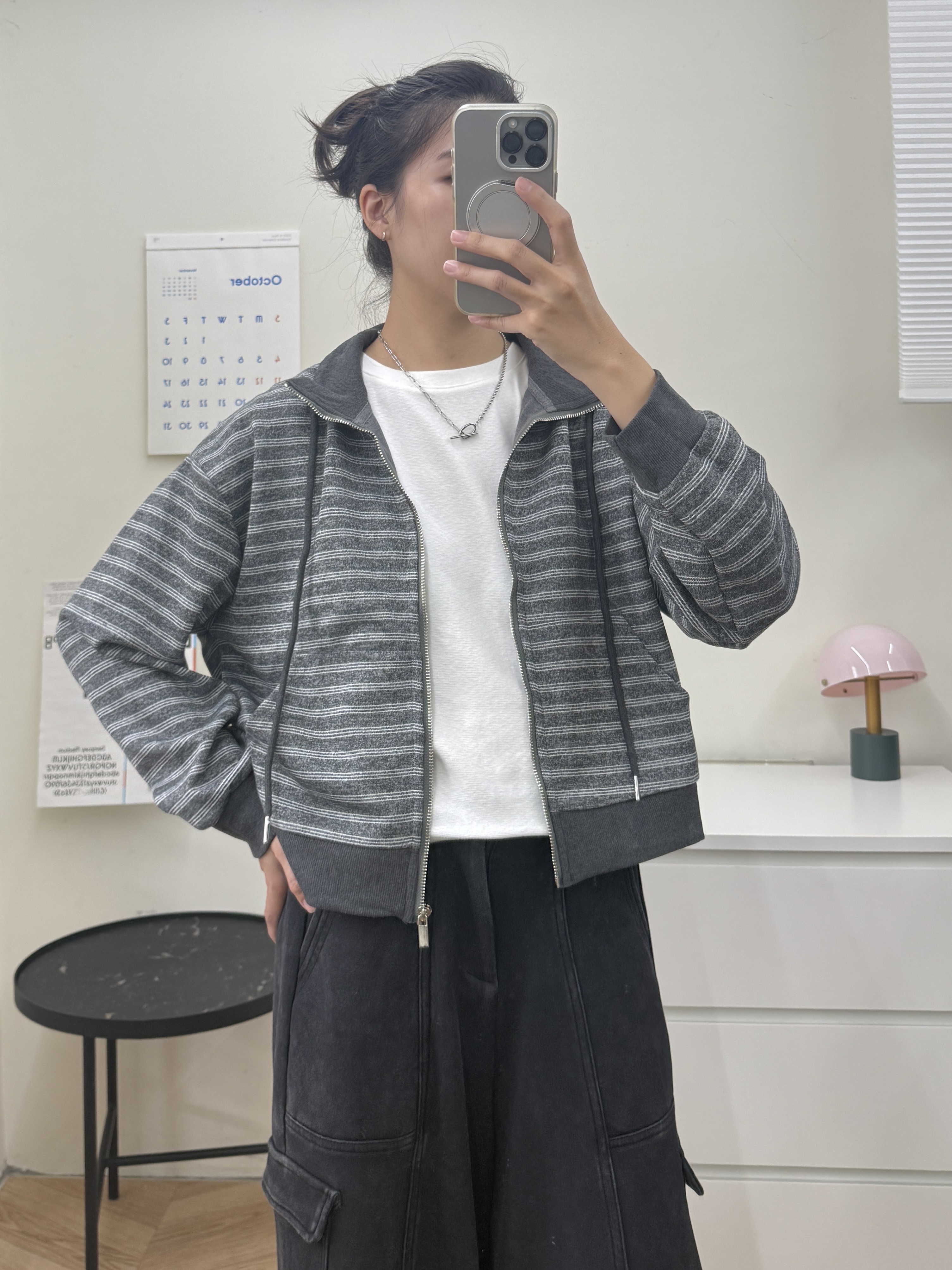 立領條紋拉鏈外套