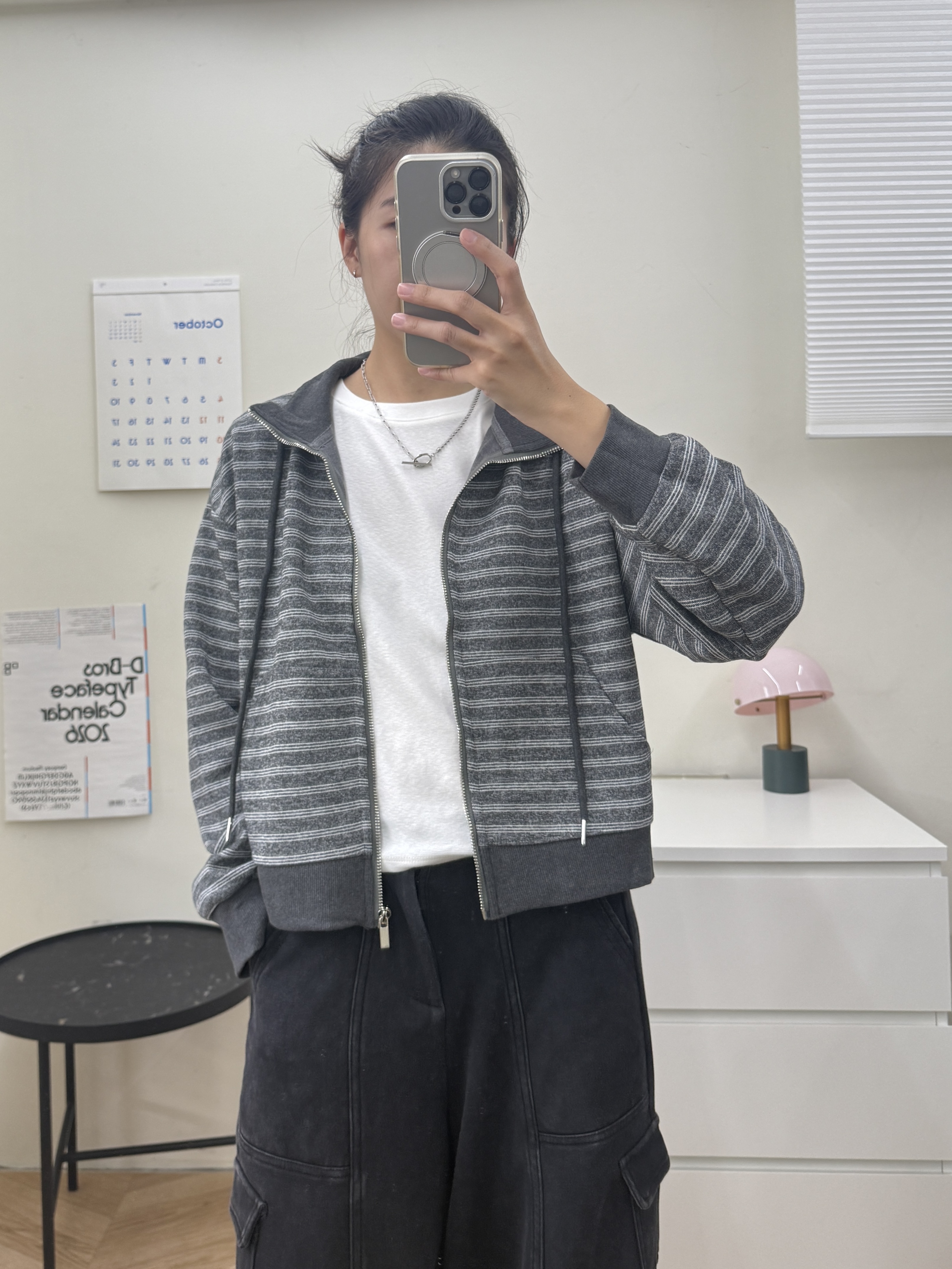 立領條紋拉鏈外套