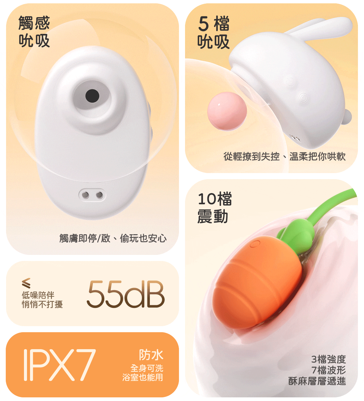 Kisstoy 眠眠兔功能拼圖，展示兔兔觸感吸啜與五檔吸啜、蘿蔔震蛋十檔震動、低於 55 分貝靜音與 IPX7 防水，宿舍租屋族也安心。