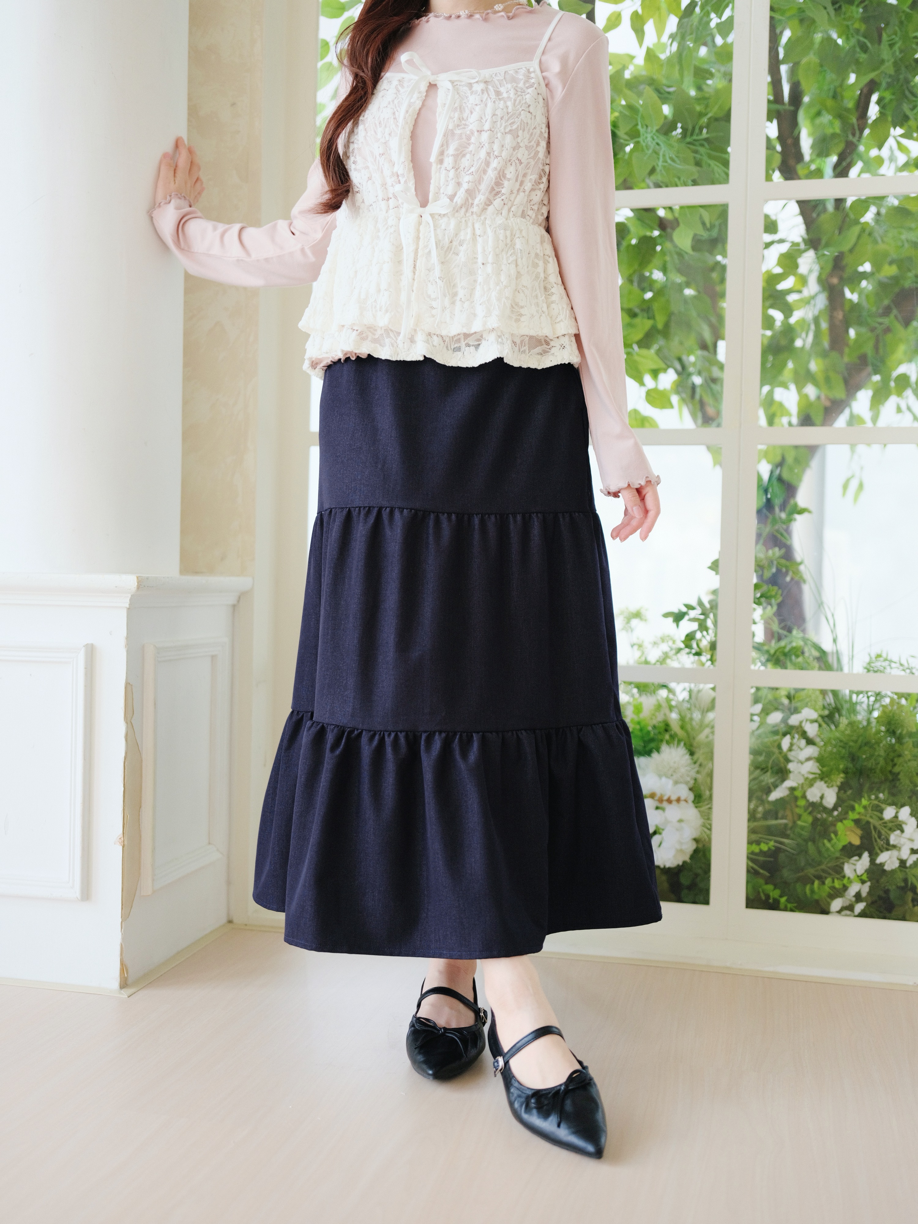 三色 / 簡約水洗感蛋糕半身長裙 / Washed Minimal Tiered Midi Skirt