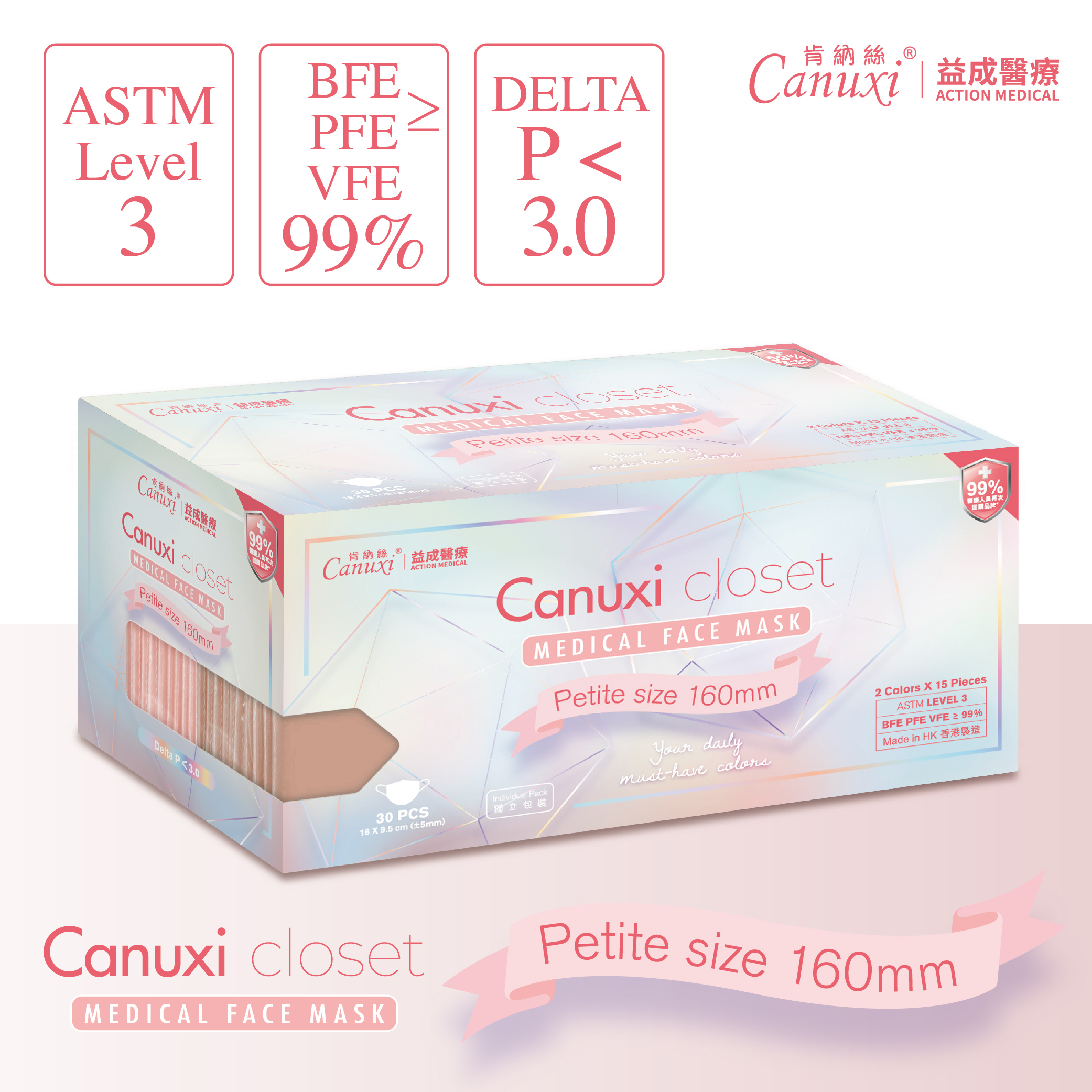 【中碼 160mm】香港製 - Canuxi Closet 高透氣 2色外科耳掛式口罩 ASTM Level 3 (獨立包裝) - 珊瑚粉及溫柔藕
