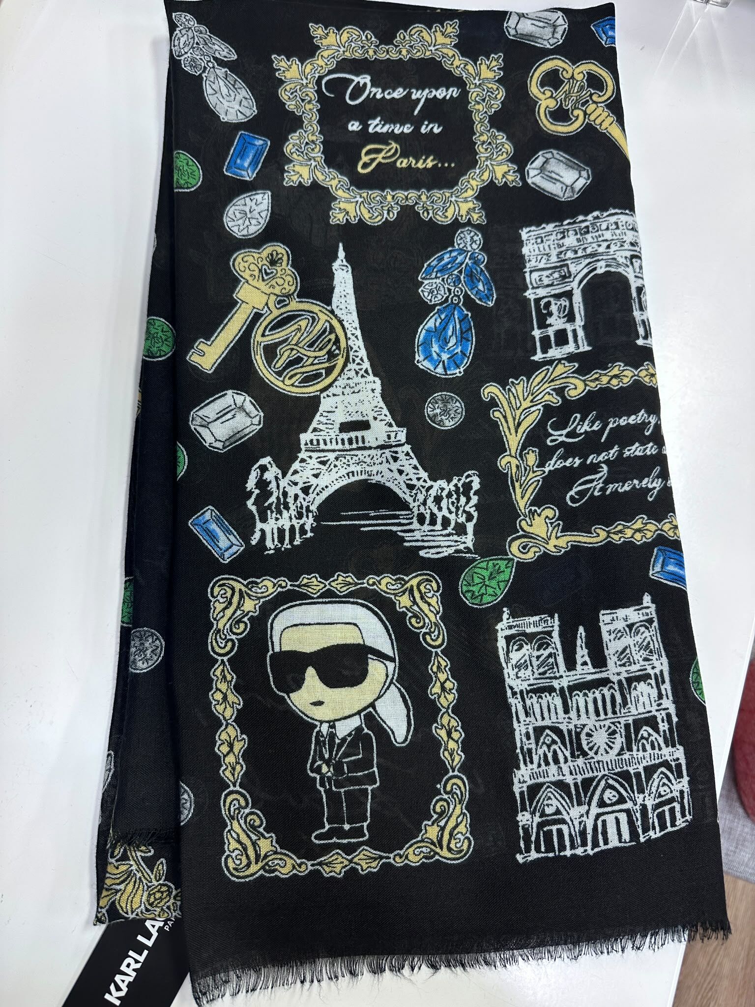 WX82 KL 巴黎插畫圖案 黑色絲巾 Monogram Print Scarf