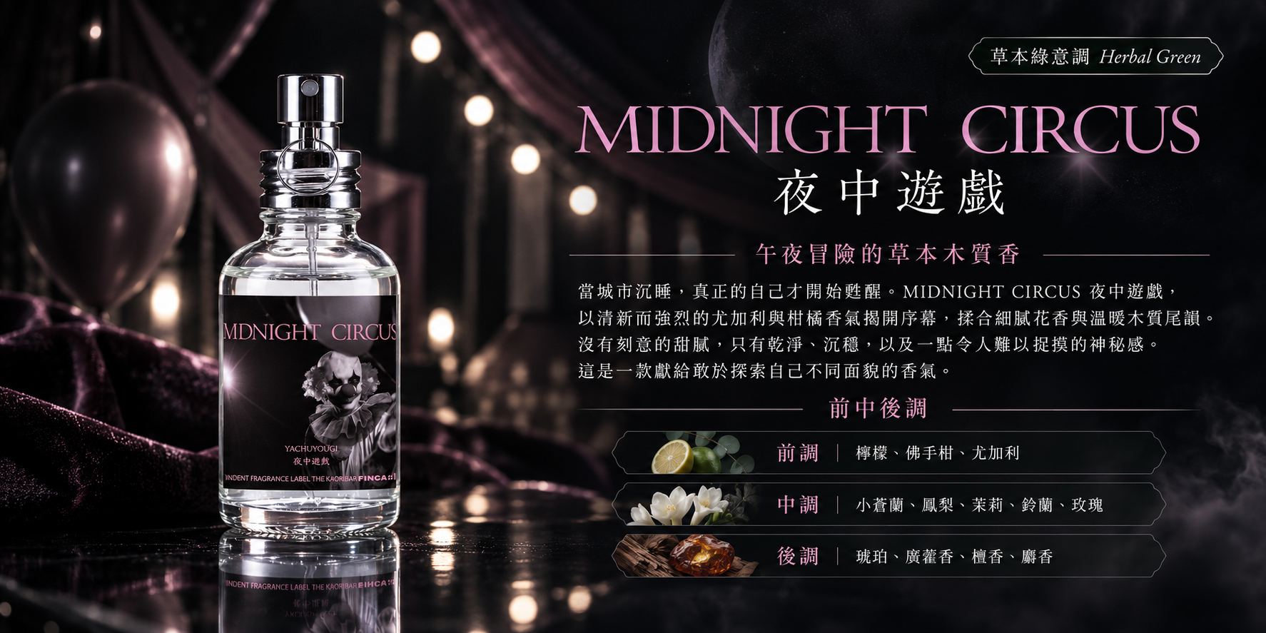 MIDNIGHT CIRCUS 淡香水,馬戲團風格,介紹尤加利、佛手柑、小蒼蘭、琥珀與檀香交織的草本木質香氣及前中後調。