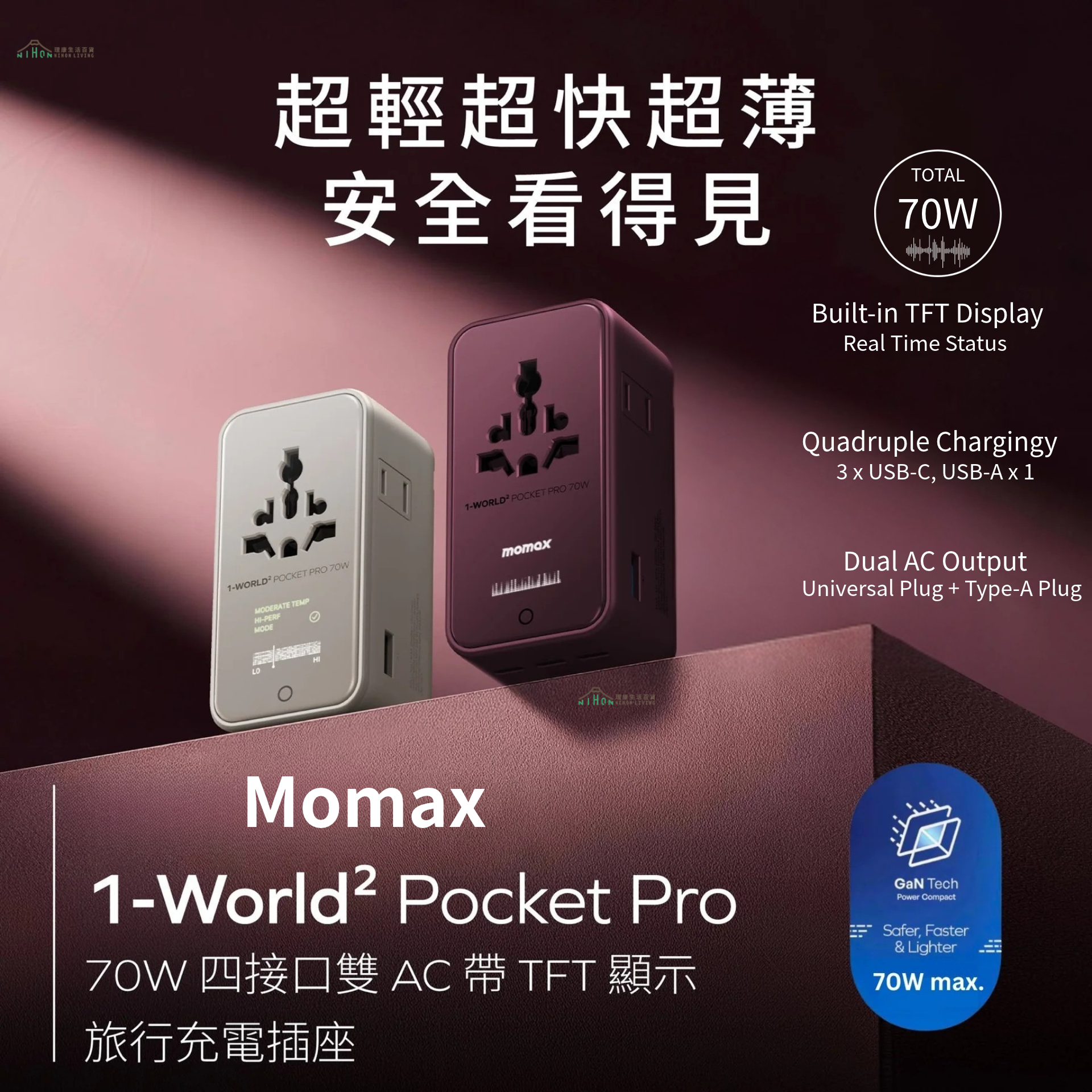 MOMAX - 1-World² Pocket Pro 70W 四接口雙 AC 帶 TFT 顯示旅行充電插座(鈦金色 / 暮櫻紅) (香港行貨)