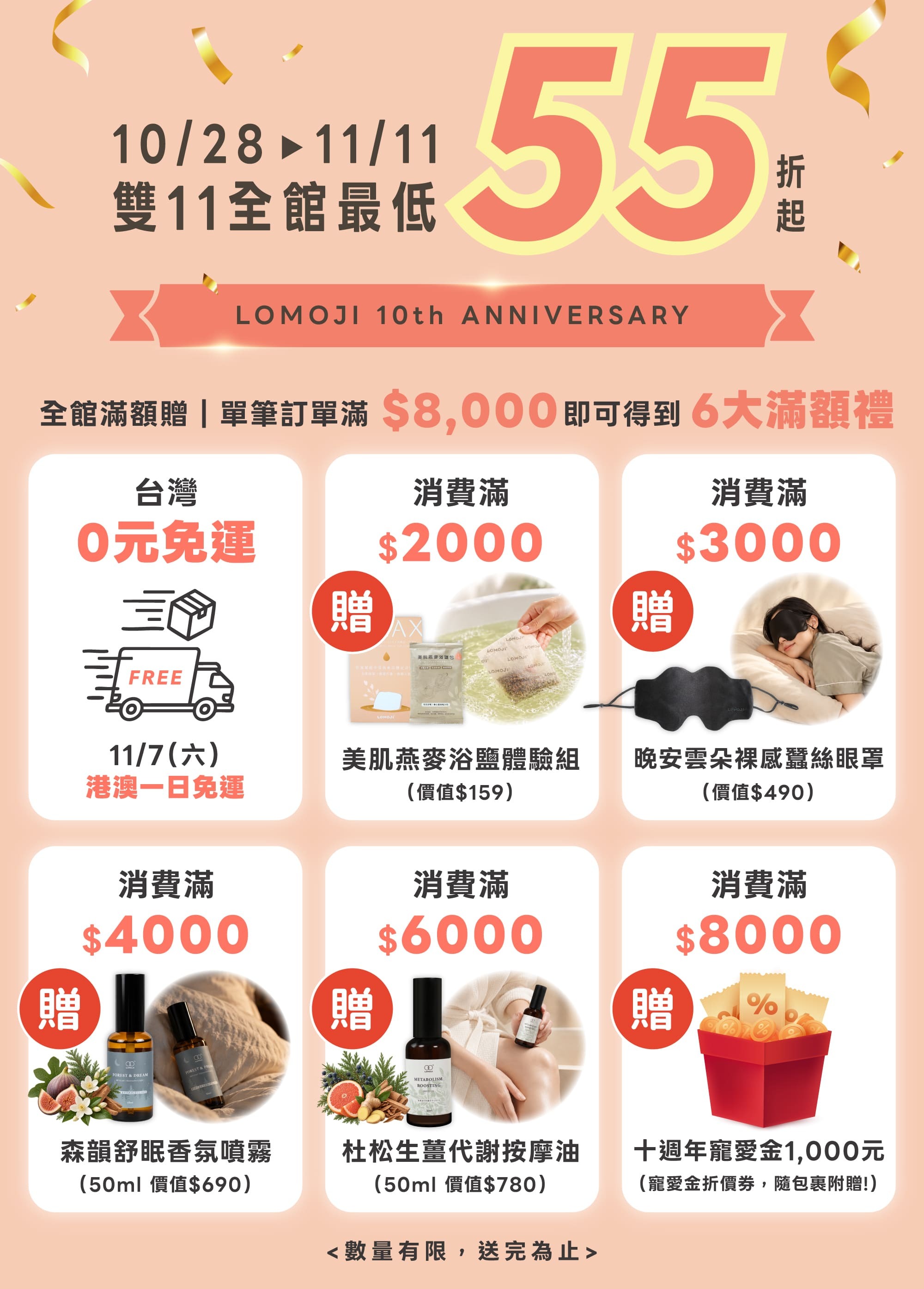 樂木集 10週年雙11大促 10/28至11/11全館最低55折起，單筆滿8000享6大滿額禮：台灣0元免運、11/7港澳一日免運、滿2000贈美肌燕麥浴鹽體驗組、滿3000贈晚安雲朵裸感蠶絲眼罩、滿4000贈森韻舒眠香氛噴霧50ml、滿6000贈杜松生薑代謝按摩油50ml、滿8000贈十週年寵愛金1000元折價券
