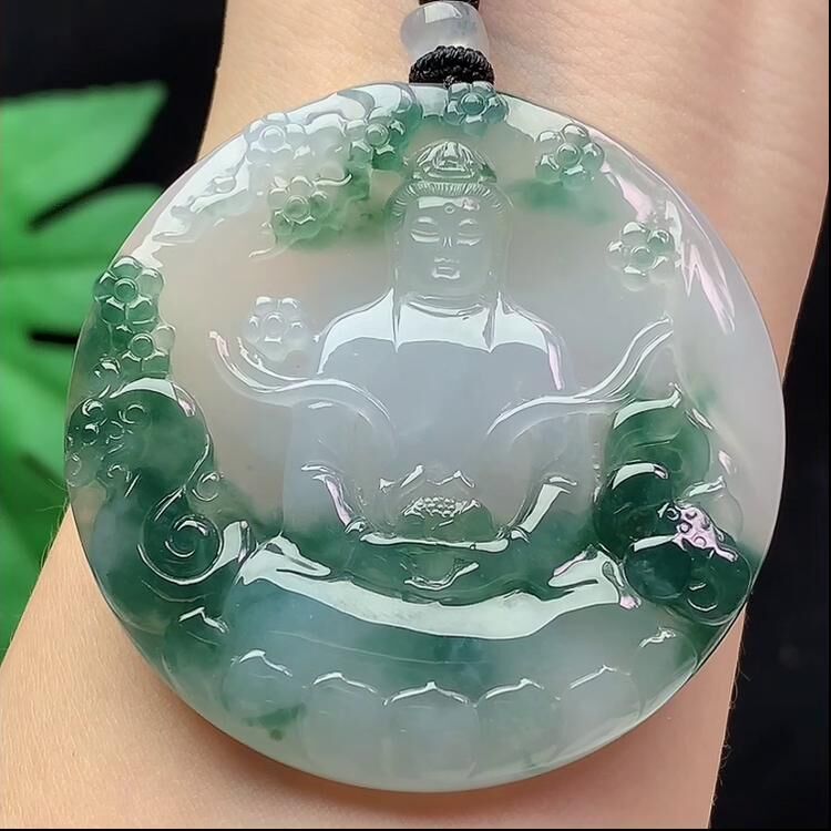 翡翠冰種飄花觀音牌 (52.3mm直徑),天然翡翠A玉, 緬甸玉, Jade, Jadeite