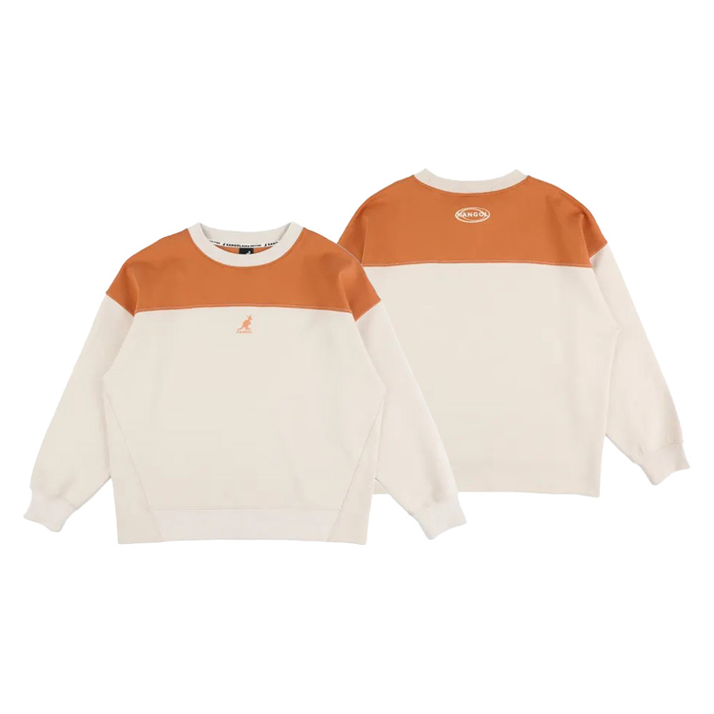 男女款 KANGOL TEE 白橘色 英國 袋鼠 中性 寬版 撞色 圓領 大學T 長T【6355100101】