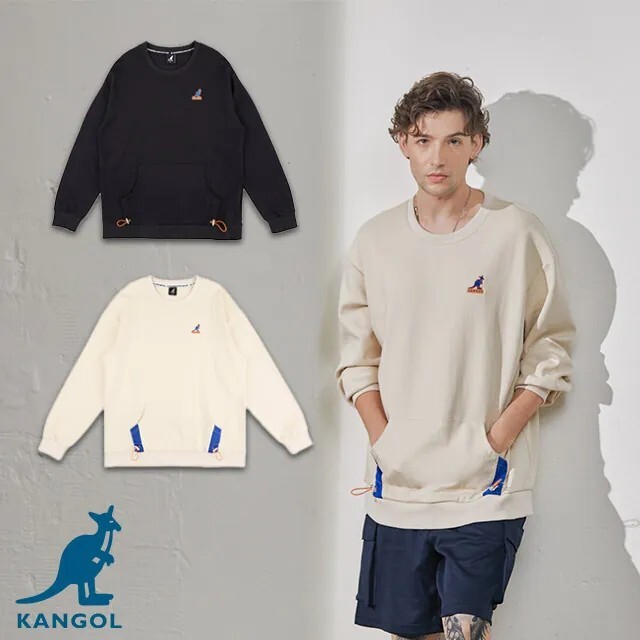 男女款 KANGOL TEE 白色 黑色 英國 袋鼠 中性 口袋 抽繩 圓領 大學T 長T【63551004】