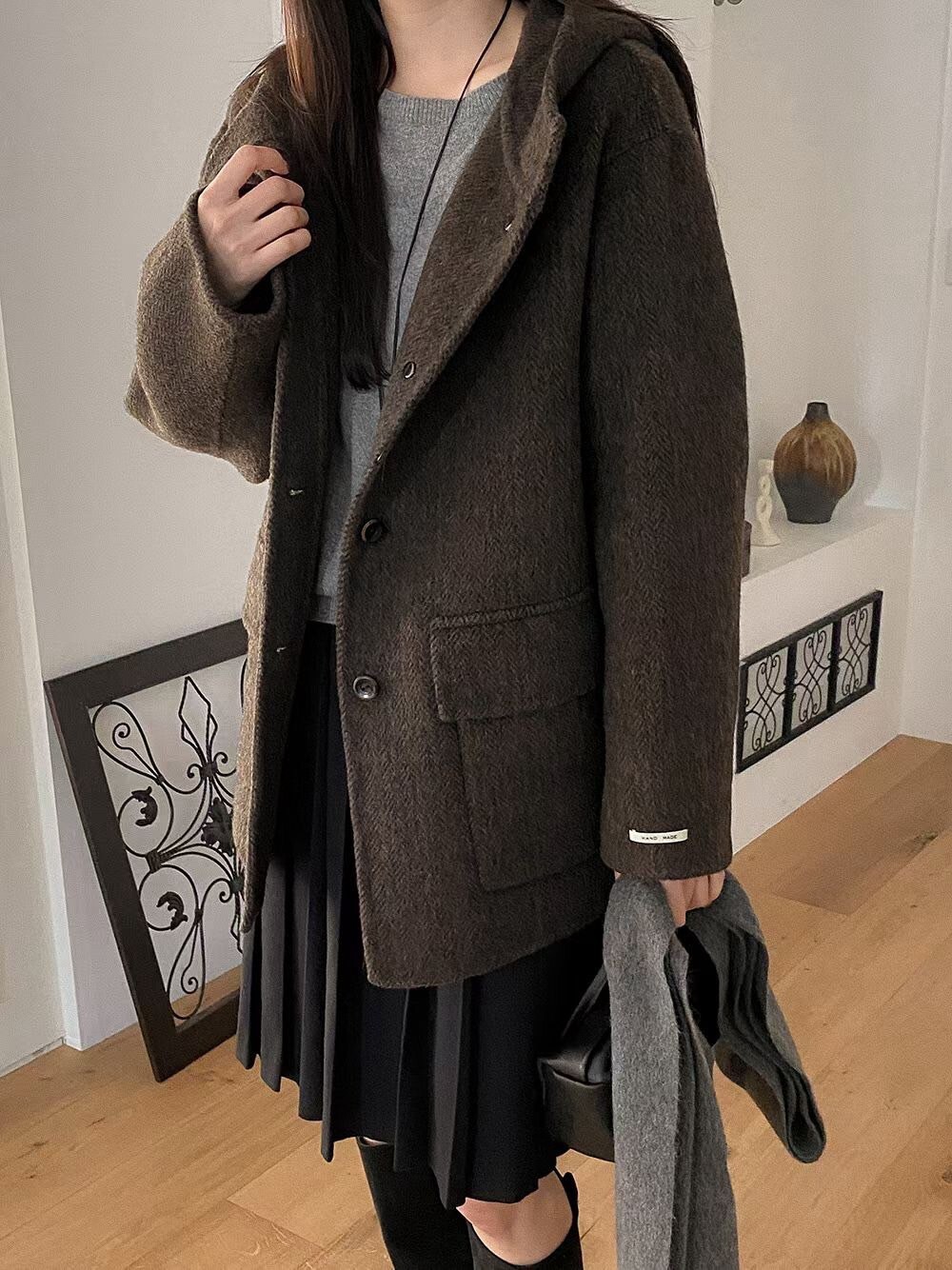 連帽排釦造型handmade手工短大衣外套 / 2色