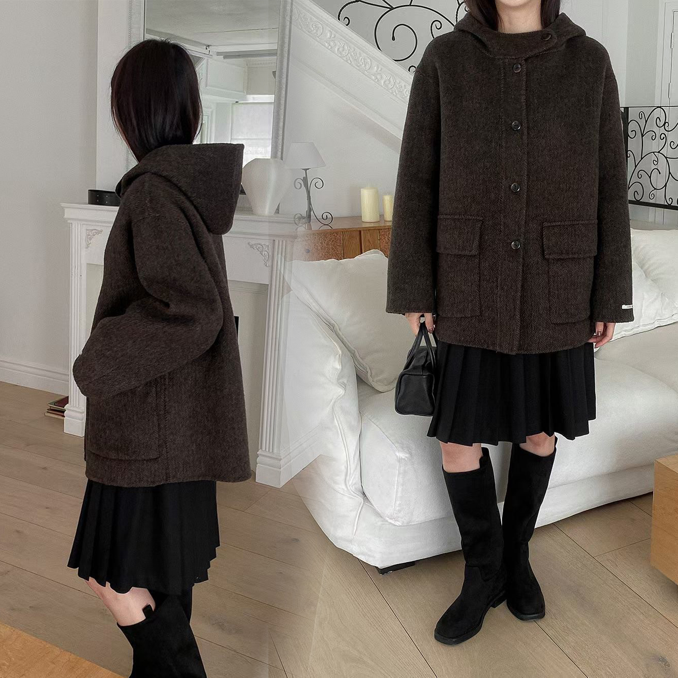 連帽排釦造型handmade手工短大衣外套 / 2色