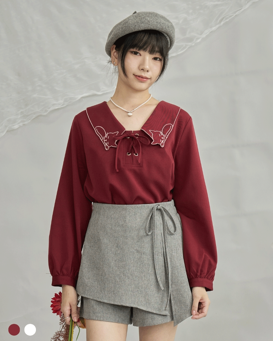 瞌睡小貓刺繡綁帶上衣