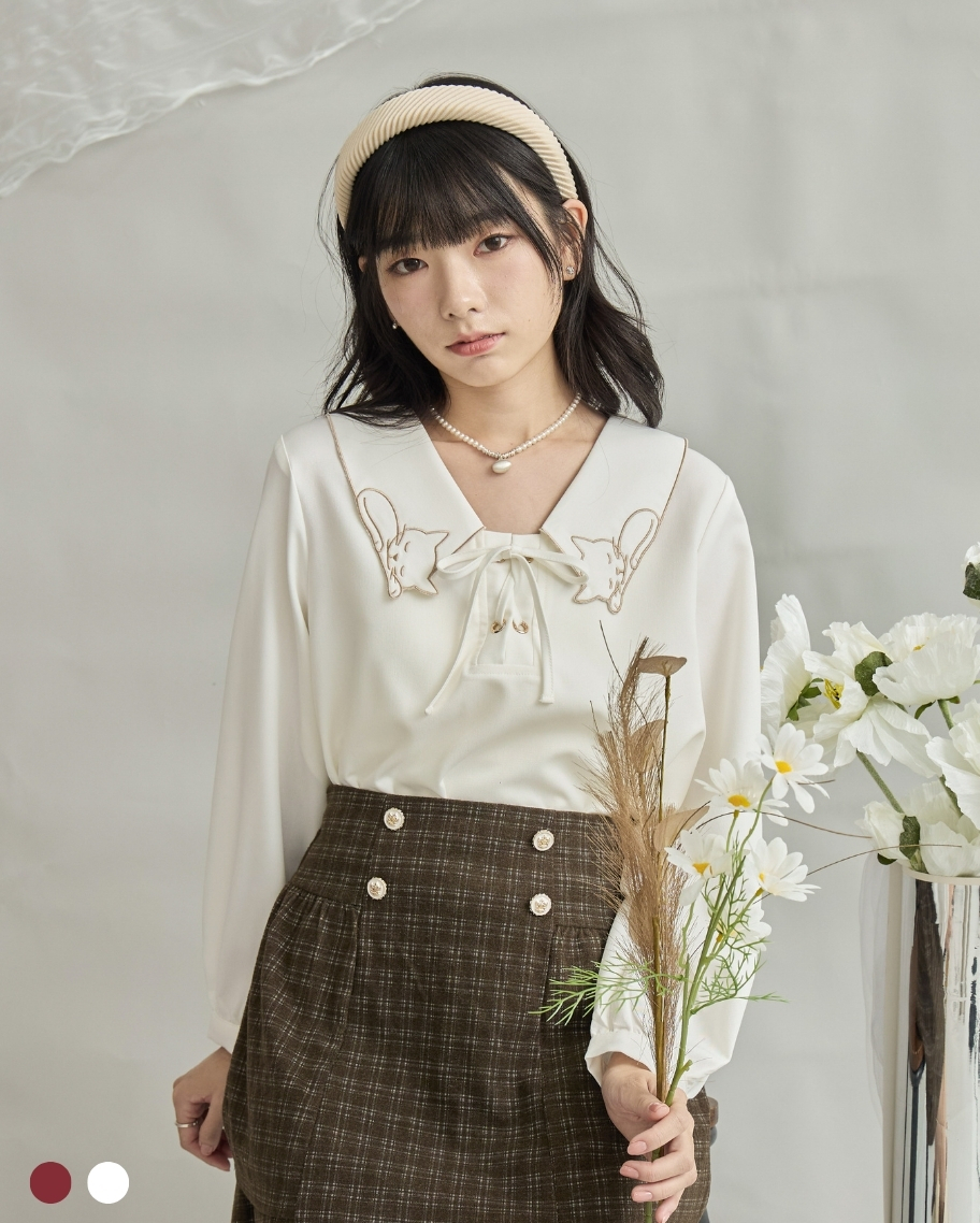 瞌睡小貓刺繡綁帶上衣