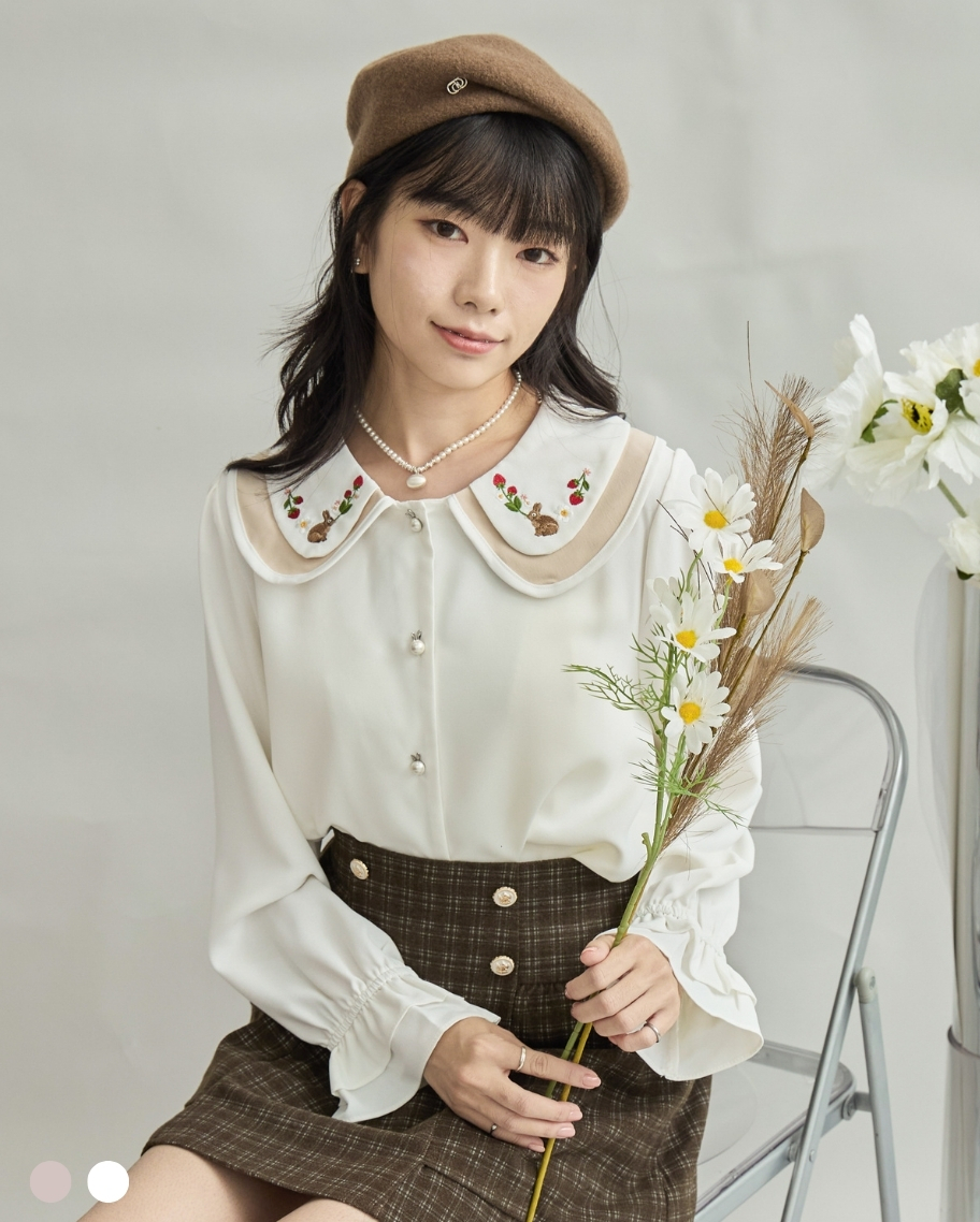 甜美兔子刺繡撞色領襯衫