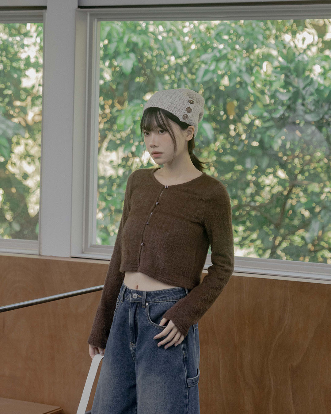 Fleece-feel button-down knit cropped long-sleeved top/jacket - Coffee Size S/M【02071727】in stock+pre-order
