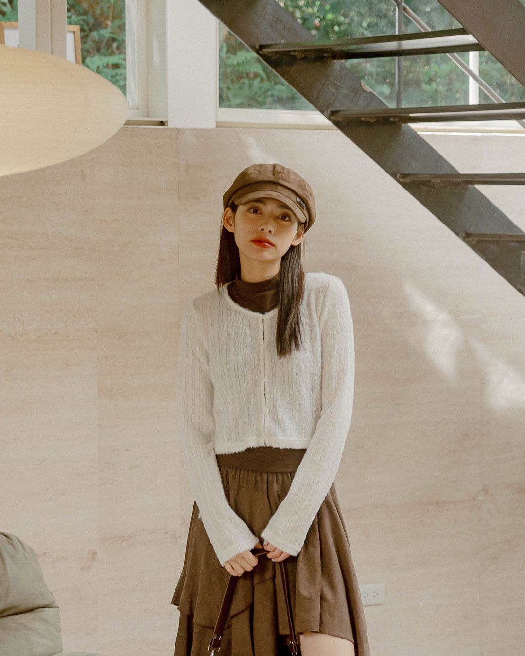 Fleece-feel button-down knit cropped long-sleeved cardigan - White S/M【02071725】in stock+pre-order