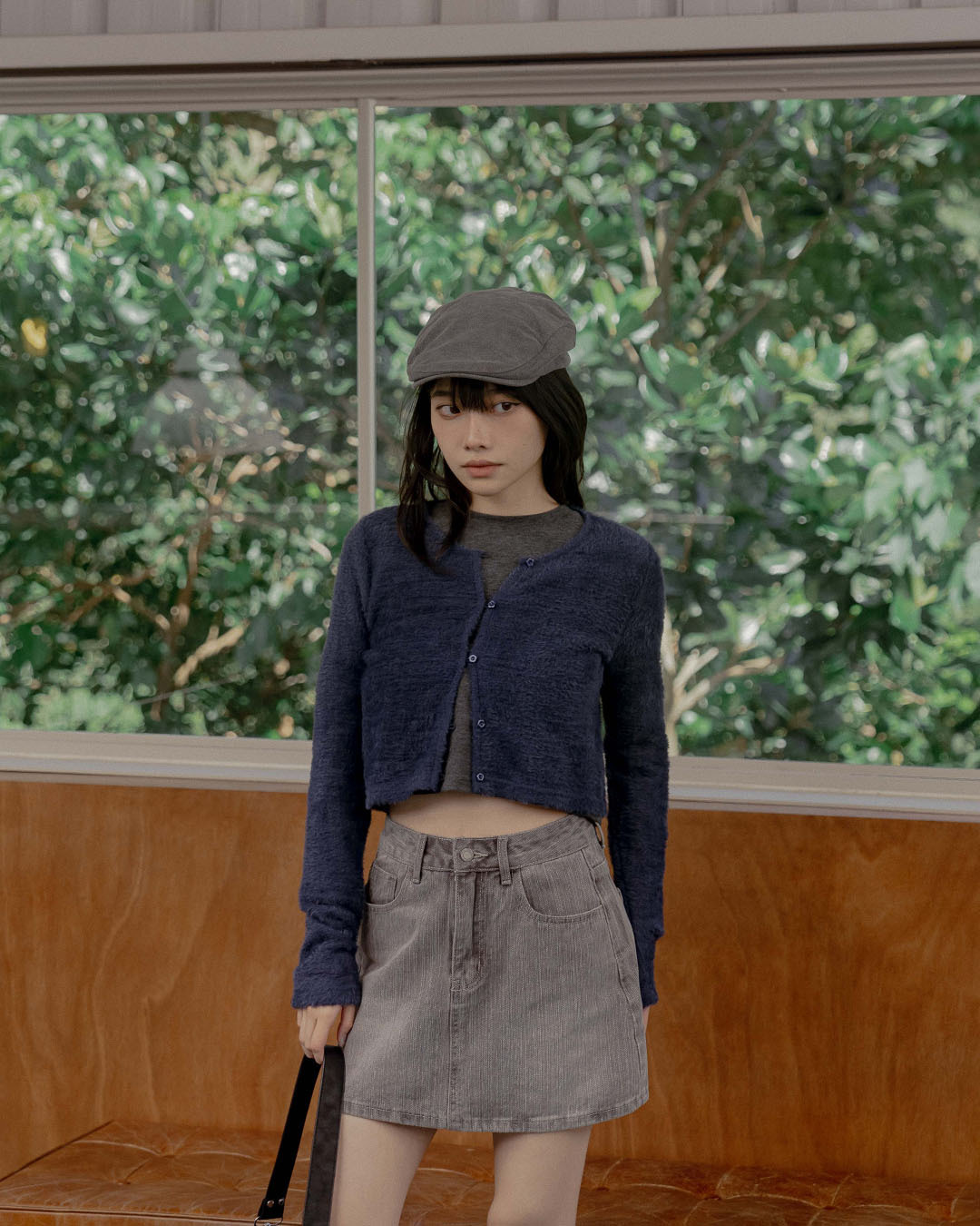 Fleece-feel button-down knit cropped long-sleeved top/jacket - Blue S/M【02071724】in stock+pre-order