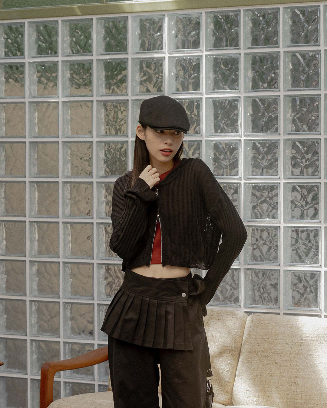 Hollow-out knitted short cardigan with double-ended zipper and hood, available in two colors.【02011228】in stock+pre-order