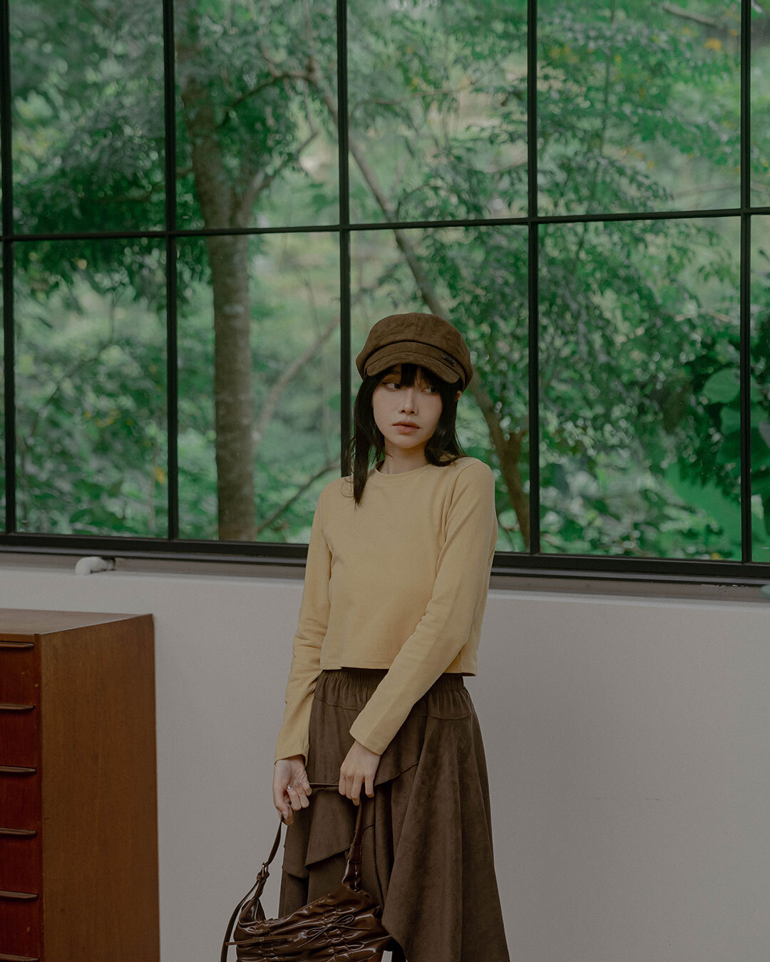 Solid Crew Neck Cropped Long-Sleeve Top - Yellow【01200157】in stock+pre-order