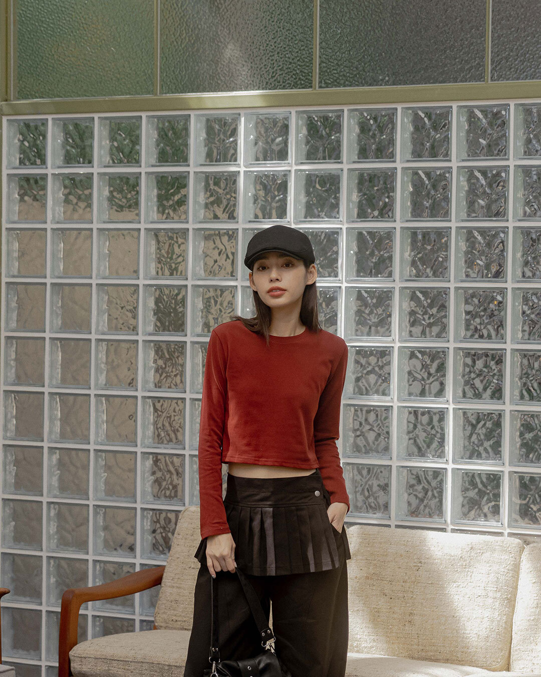 Solid Crew-Neck Cropped Long-Sleeve Top – Dark Red【01200156】in stock+pre-order