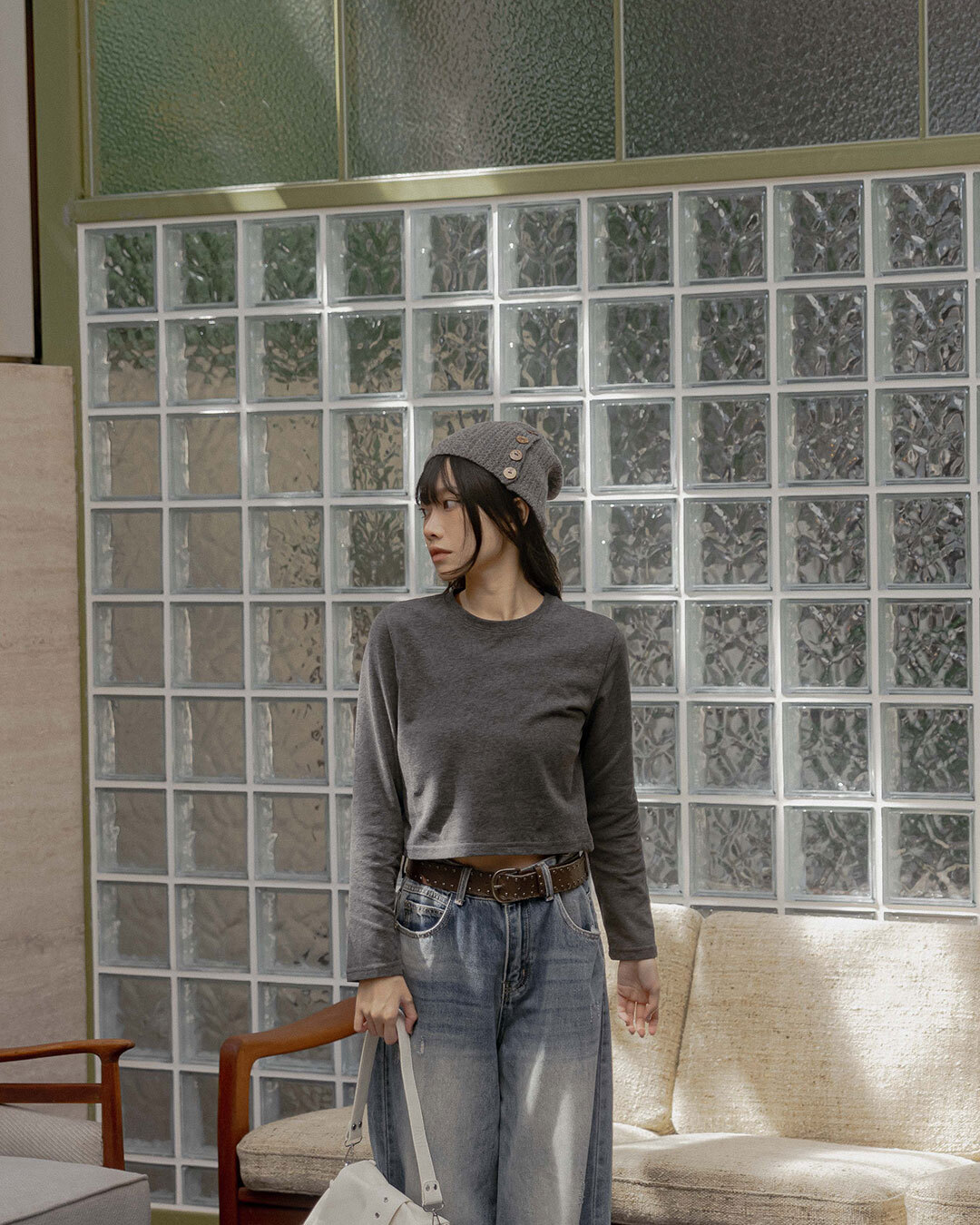 Solid Crew Neck Cropped Long-Sleeve Top - Dark Gray【01200154】in stock+pre-order