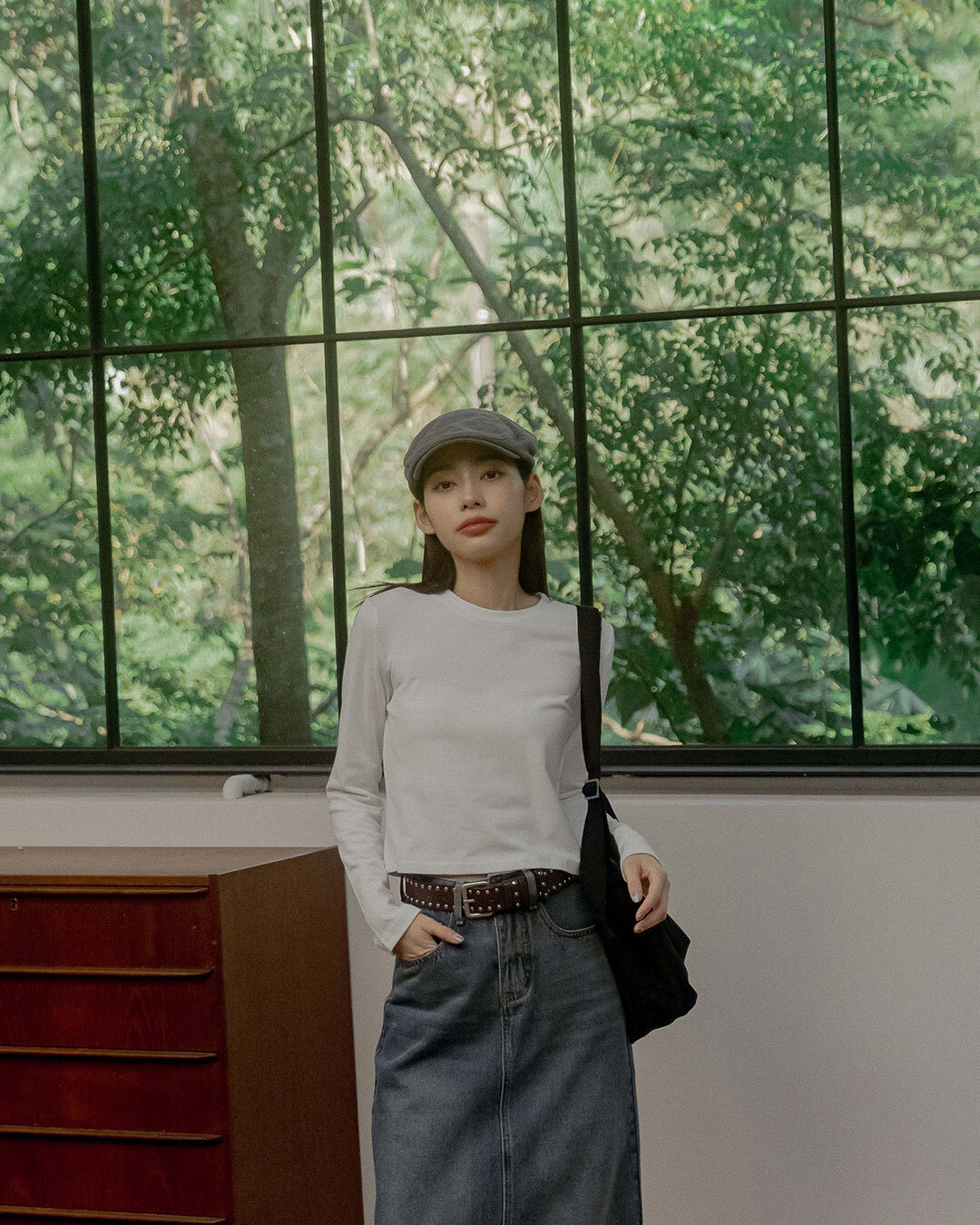 Plain Crew-Neck Cropped Long-Sleeve Top - White【01200153】in stock+pre-order