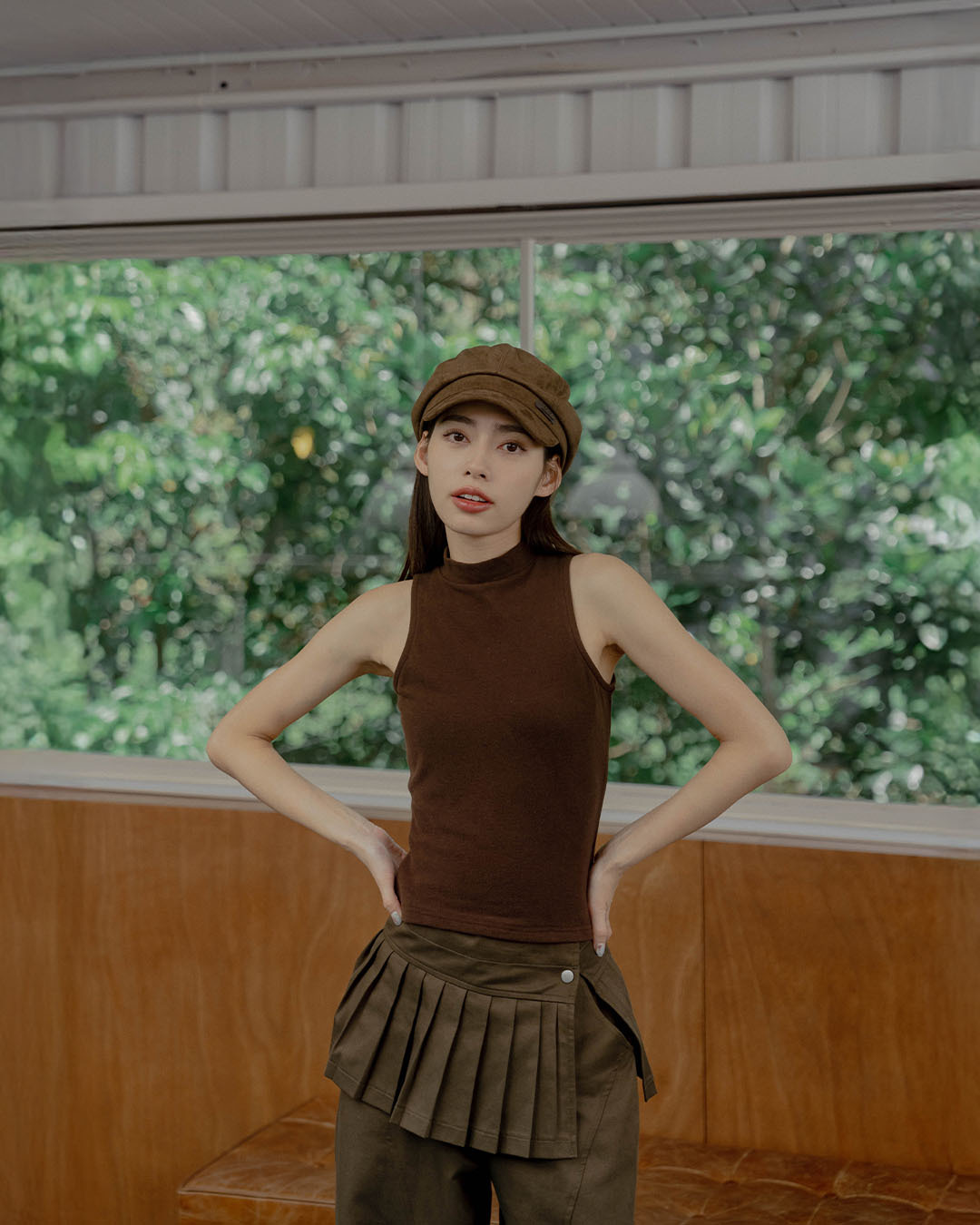 Solid Brushed-Finish Fitted Halter-Neck Tank Top - Coffee (S/M)【01150491】in stock+pre-order