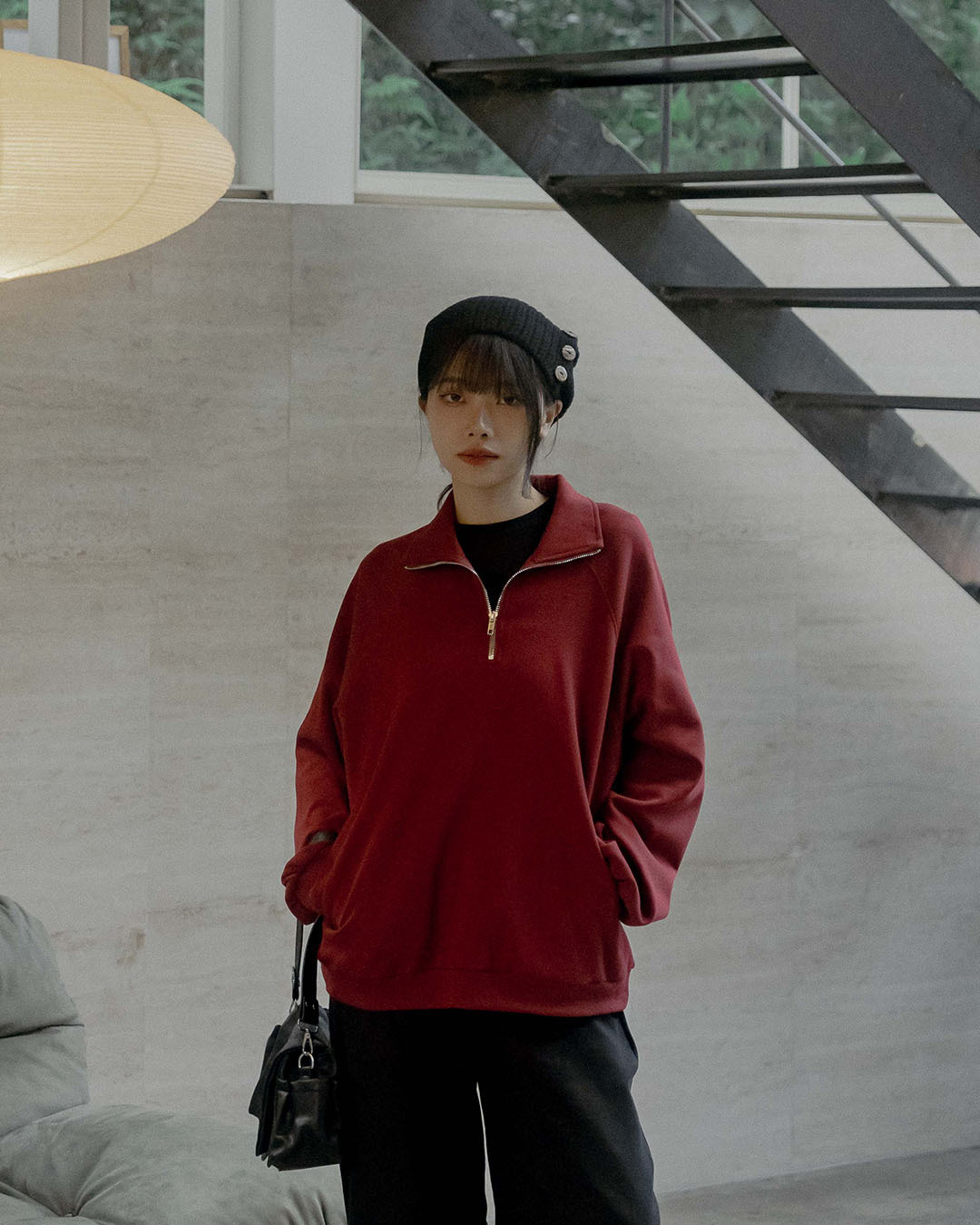 Plain twill half-front wide-sleeved top, available in three colors【01060093】in stock+pre-order