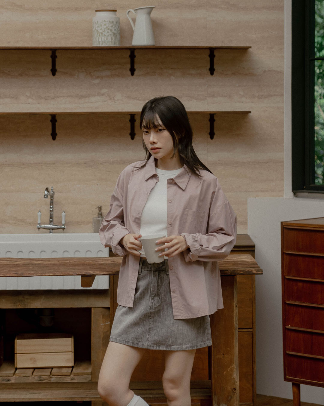 Oversized Single-Pocket Shirt - Pink【01025917】in stock+pre-order