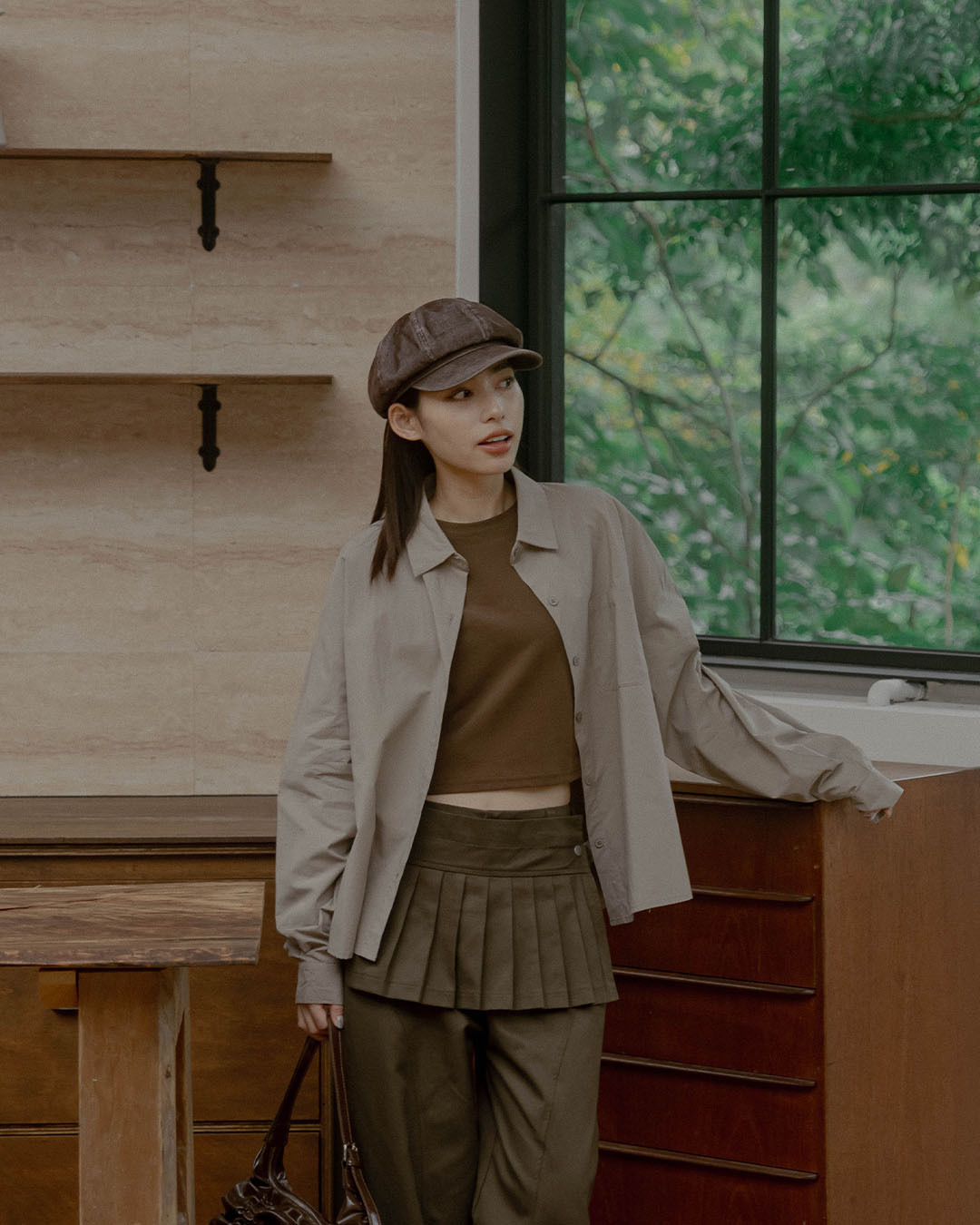 Solid Wide-Fit Shirt with Single Pocket - Khaki【01025916】in stock+pre-order