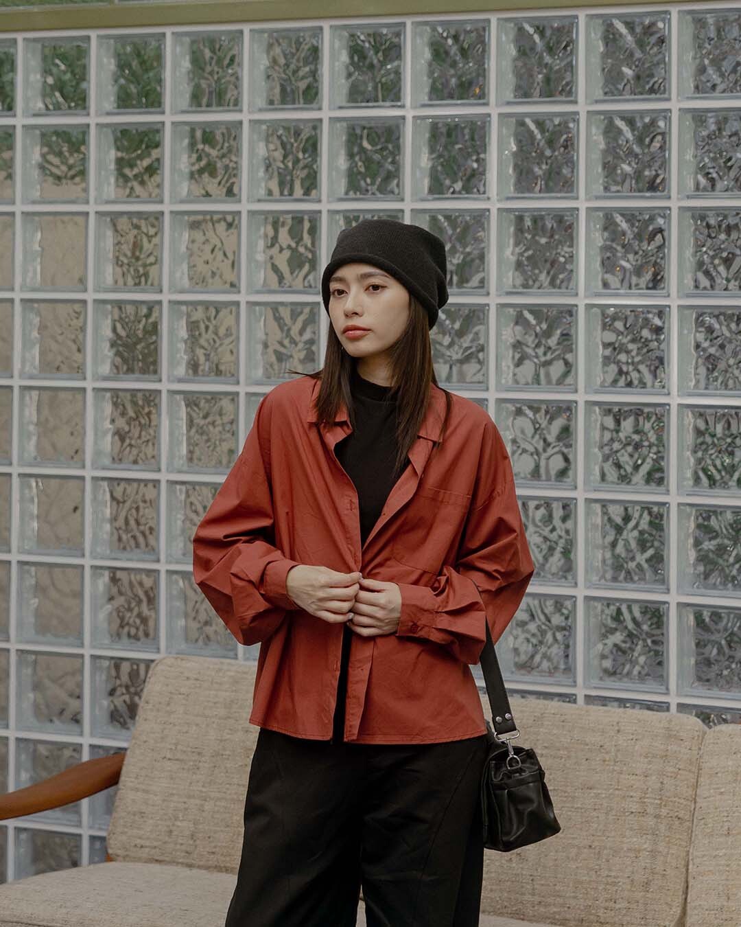Solid-Color Wide-Fit Shirt with Single Pocket - Red【01025914】in stock+pre-order