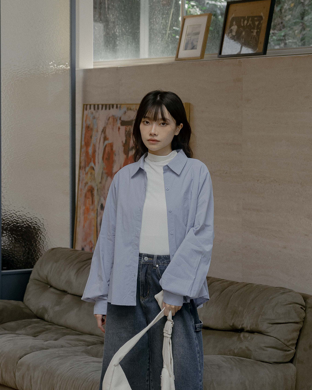 Solid Wide-Fit Shirt with Single Pocket - Purple【01025913】in stock+pre-order