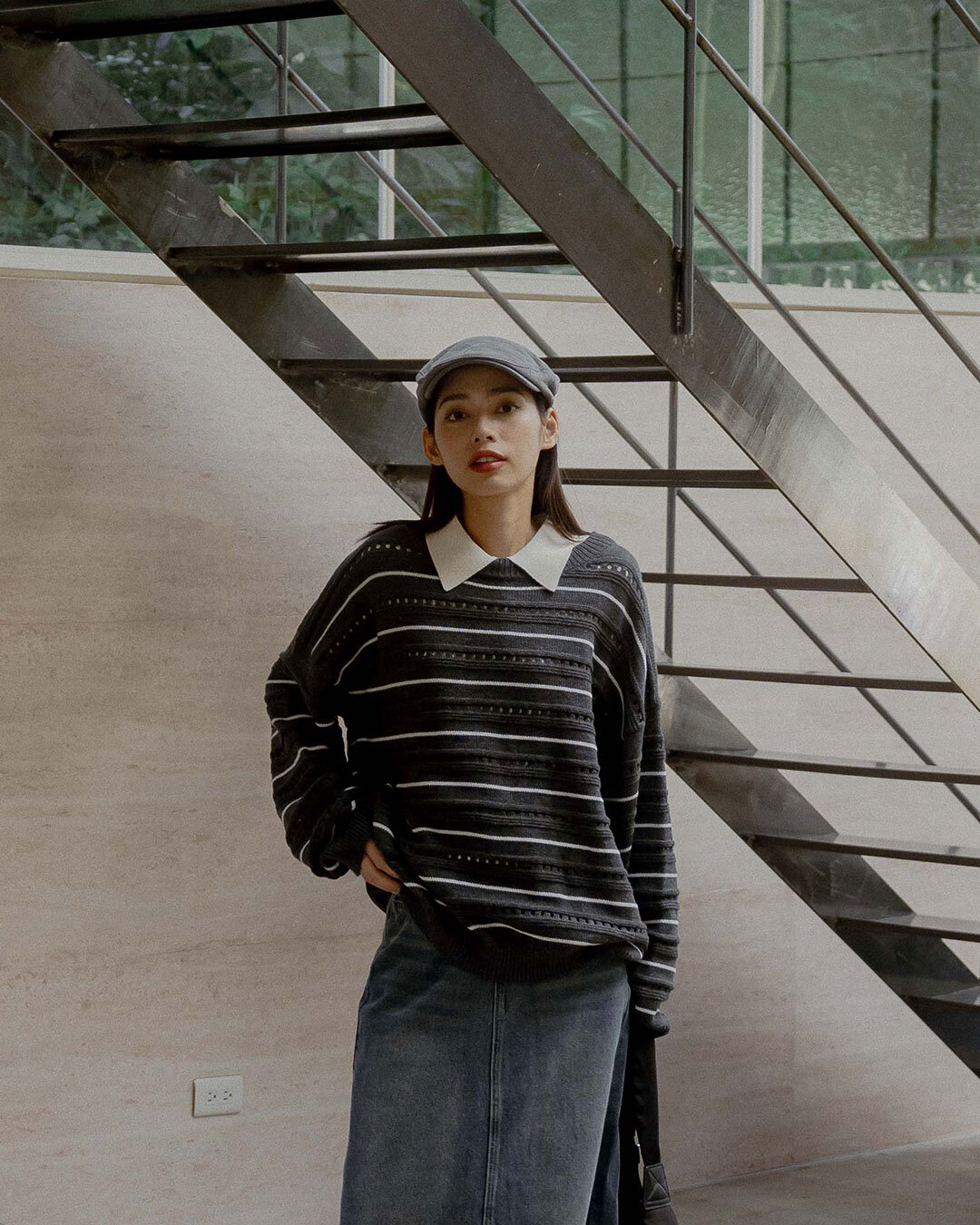 Wide-fit striped open-knit top – available in two colors【01013551】in stock+pre-order