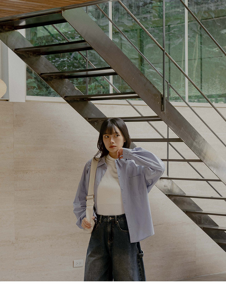 Solid Wide-Fit Shirt with Single Pocket - Purple【01025913】in stock+pre-order