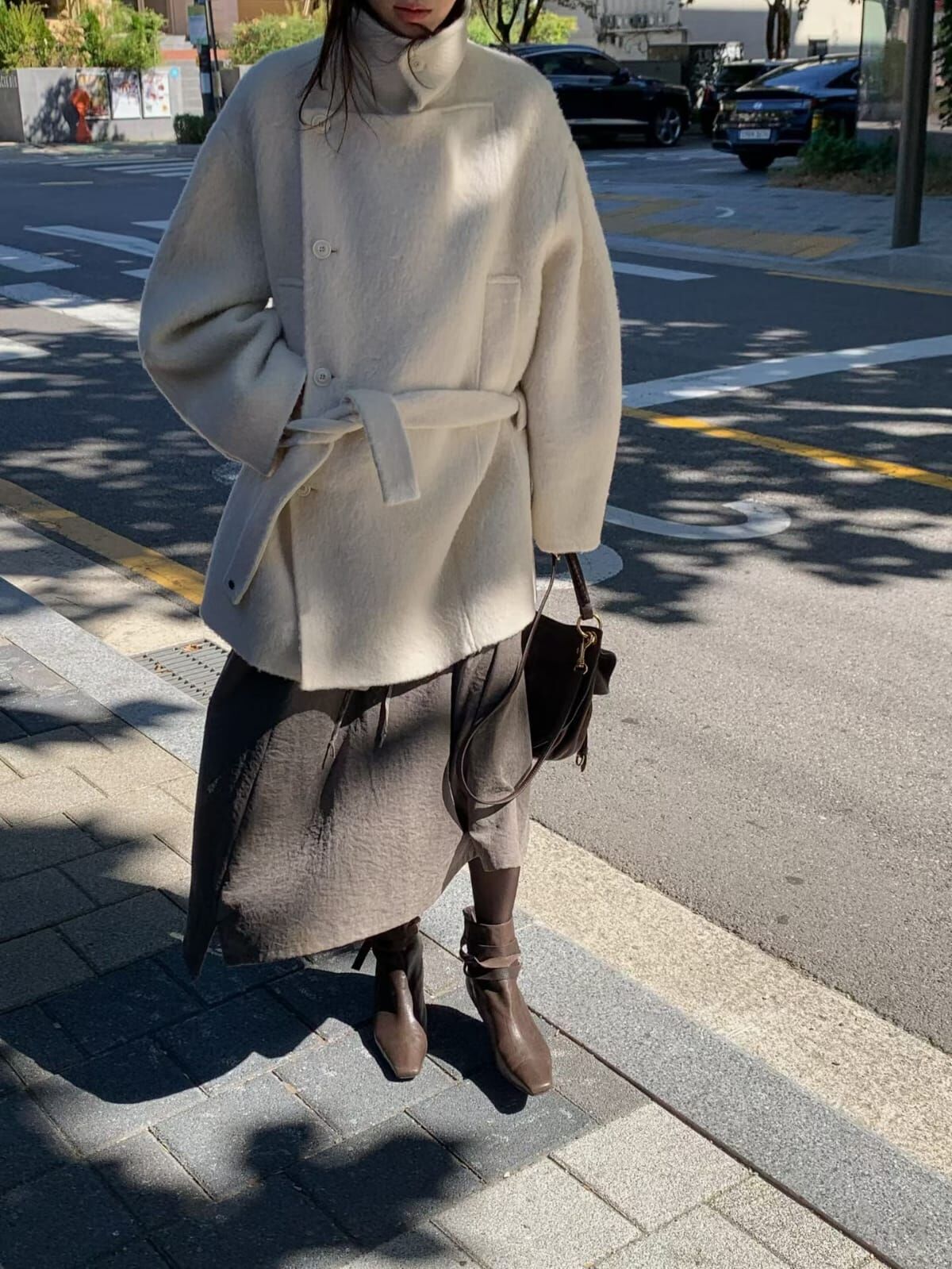LF7214 毛呢翻領附腰帶中長大衣