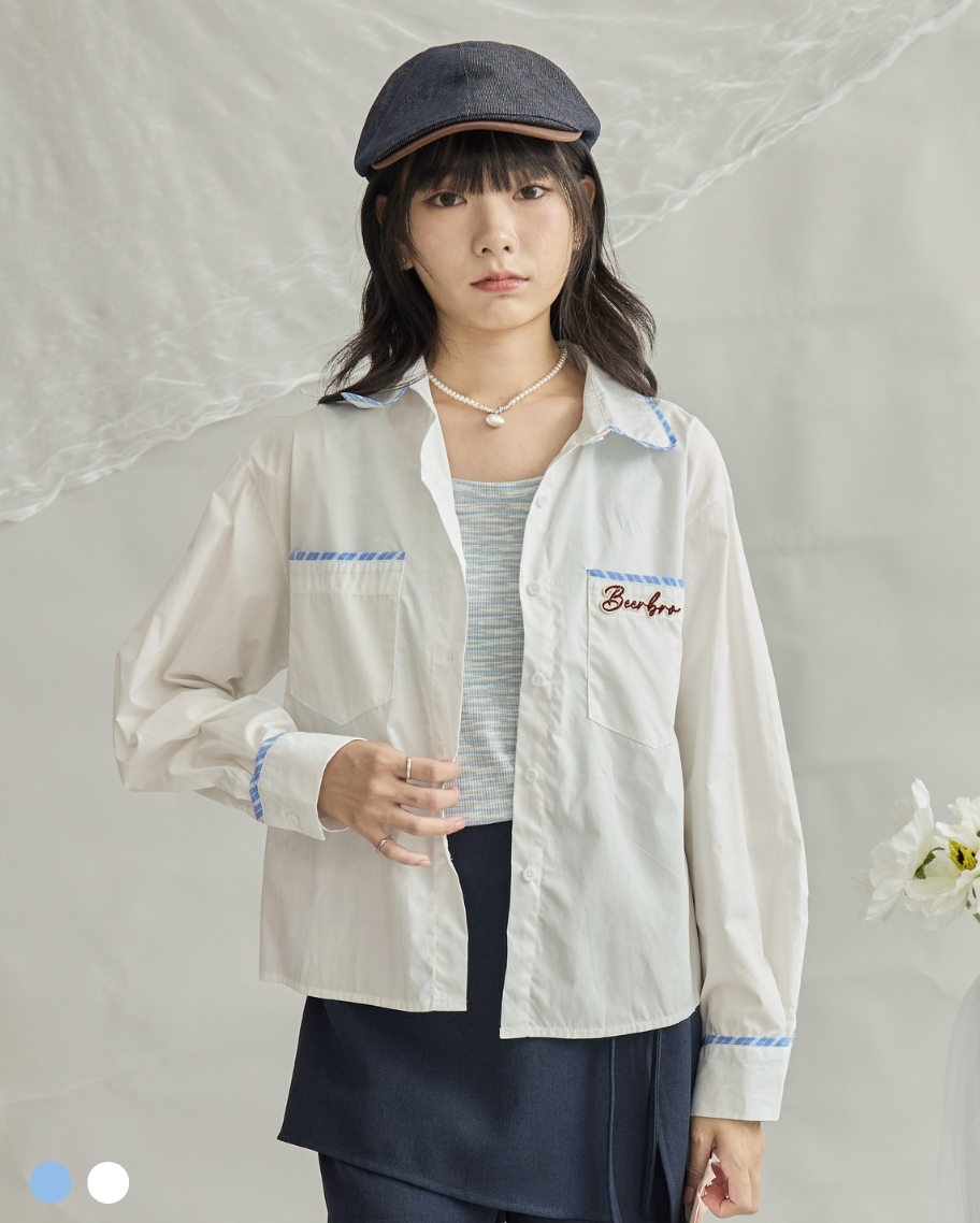 美式刺繡撞色條紋滾邊襯衫