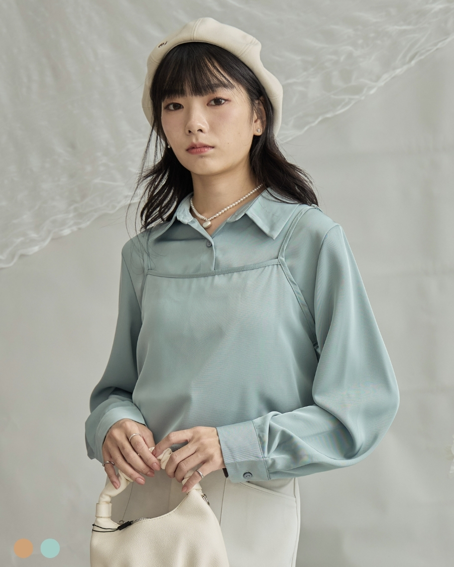 光澤口袋襯衫兩件套(附背心)