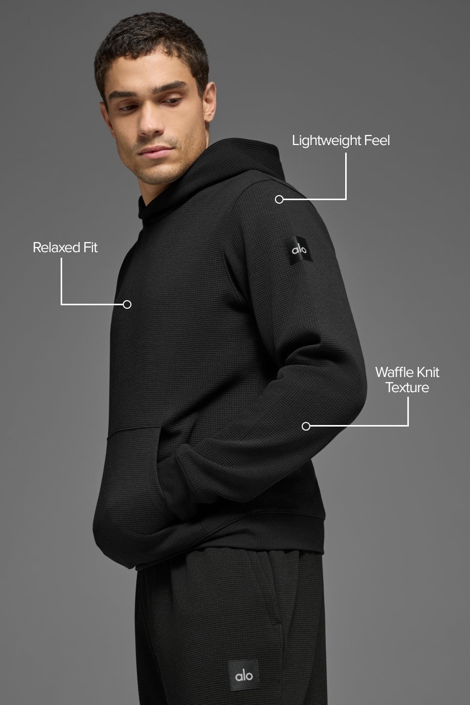<黑五限時折扣-48HR>ALO Waffle Lounge Hoodie 潮 流 穿搭 運動風 時尚 華夫格 手臂 LOGO 帽T 男款
