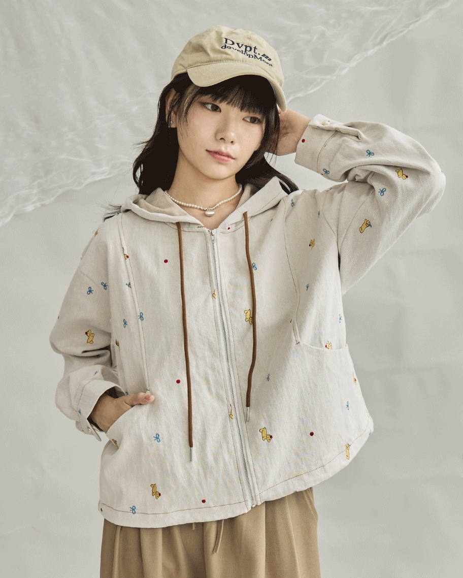 童趣小狗刺繡連帽外套