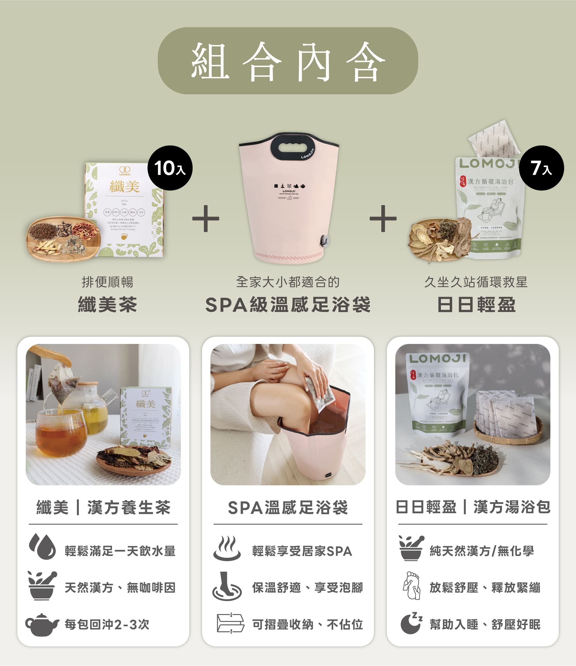 樂木集纖美輕盈組組合內容介紹：排便順暢纖美茶10入(無咖啡因可回沖)、全家大小都適合的SPA級溫感足浴袋(保溫舒適可折疊收納)、久坐久站循環救星日日輕盈漢方湯浴包7入(天然草本無化學放鬆助眠)