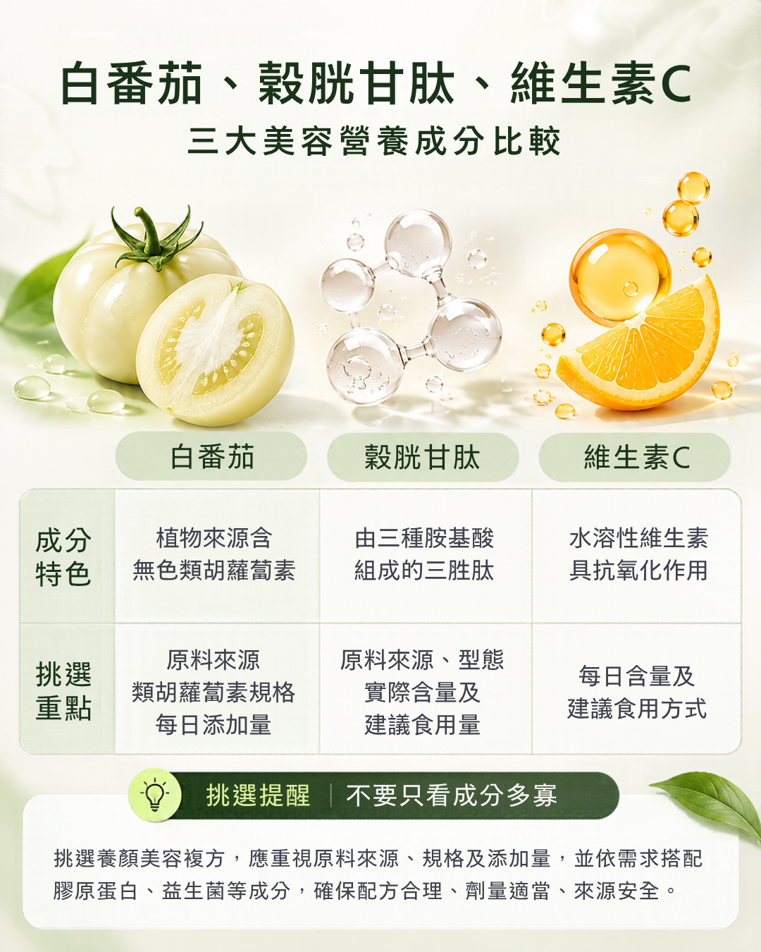 白番茄、榖胱甘肽、維生素C三大美容營養成分比較