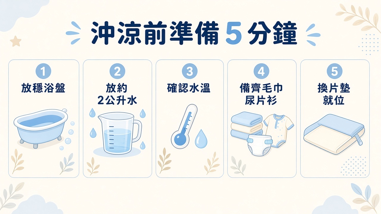沖涼前準備五分鐘:放穩浴盤、放水、確認水溫、備齊用品、換片墊就位
