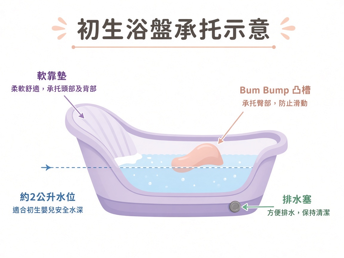 初生浴盤承托示意:軟靠墊、Bum Bump 凸槽、約兩公升水位、排水塞