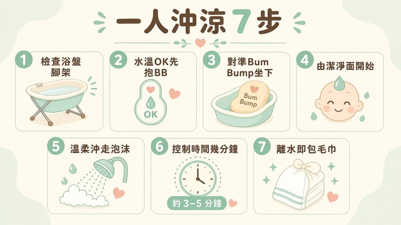 一人沖涼七步:檢查浴盤、水溫OK、對準Bum Bump、潔淨面開始、沖泡沫、控時間、包毛巾